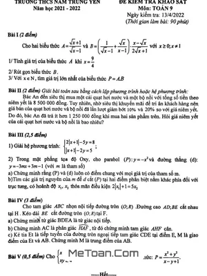 Đề khảo sát Toán 9 năm 2021 - 2022 trường THCS Nam Trung Yên - Hà Nội