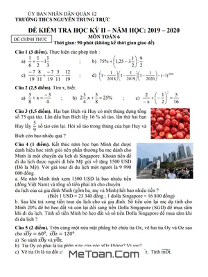 Đề kiểm tra học kỳ 2 Toán lớp 6 năm 2019 - 2020 trường THCS Nguyễn Trung Trực - TP HCM