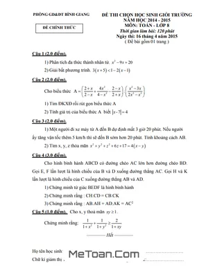 Đề thi học sinh giỏi Toán 8 năm 2014 - 2015 phòng GD&ĐT Bình Giang - Hải Dương