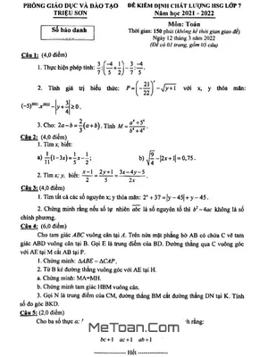 Đề thi HSG Toán 7 năm 2021 - 2022 phòng GD&ĐT Triệu Sơn, Thanh Hóa