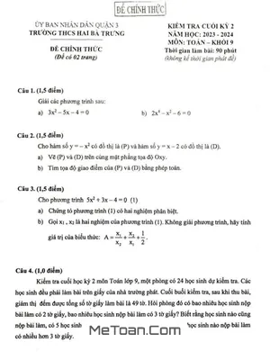 Đề Thi Cuối Kỳ 2 Toán 9 Năm 2023 - 2024 Trường THCS Hai Bà Trưng - TP HCM