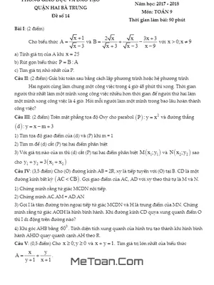 Đề thi HK2 Toán 9 năm 2017 - 2018 phòng GD&ĐT Hai Bà Trưng - Hà Nội