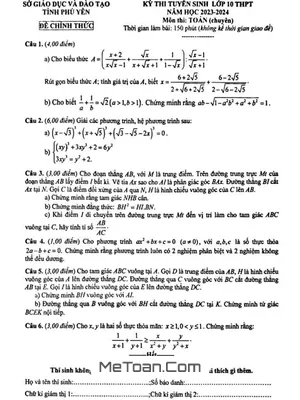 Đề thi tuyển sinh lớp 10 môn Toán (chuyên) năm 2023 - 2024 Sở GD&ĐT Phú Yên