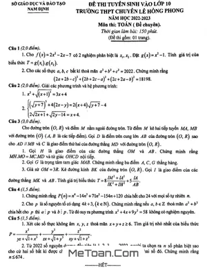 Đề vào lớp 10 môn Toán (chuyên) năm 2022 – 2023 trường chuyên Lê Hồng Phong – Nam Định