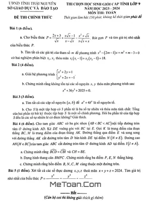 Đề thi chọn học sinh giỏi cấp tỉnh môn Toán 9 năm 2023 - 2024 sở GD&ĐT Thái Nguyên