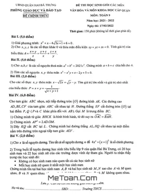 Đề thi HSG Toán 9 năm 2021-2022 phòng GD&ĐT Hai Bà Trưng - Hà Nội