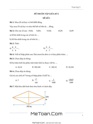 Bộ 5 Đề Ôn Luyện Thi Giữa Kỳ 1 Môn Toán Lớp 5