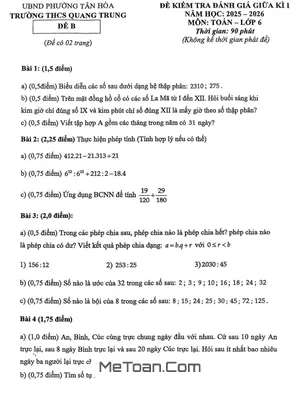 Đề Thi Giữa Học Kỳ 1 Toán 6 Năm Học 2025 – 2026 Trường THCS Quang Trung, TP.HCM