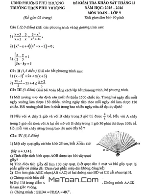 Đề Khảo Sát Chất Lượng Toán 9 Tháng 11 Năm 2025 Trường THCS Phú Thượng - Hà Nội (Kèm Đáp Án)