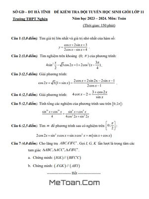 Đề thi HSG Toán 11 năm 2023 - 2024 trường THPT Nghèn - Hà Tĩnh