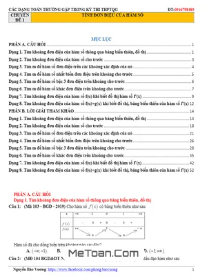 Các Dạng Toán Tính Đơn Điệu Của Hàm Số Thường Gặp Trong Kỳ Thi THPTQG