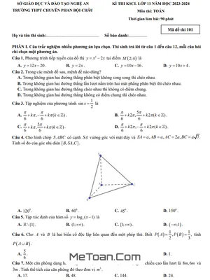 Đề KSCL Toán 11 năm 2023 – 2024 trường THPT chuyên Phan Bội Châu – Nghệ An