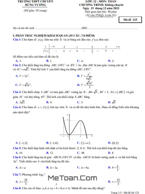 Đề Thi Cuối Kỳ 1 Toán 12 Năm 2023 - 2024 Trường THPT Chuyên Hùng Vương - Phú Thọ