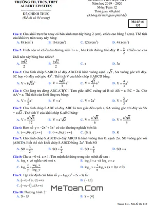 Đề kiểm tra học kì 1 Toán 12 năm 2019 - 2020 trường Albert Einstein - TP HCM