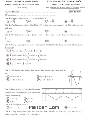 Đề kiểm tra Toán 12 năm 2021 - 2022 trường Nguyễn Khuyến & Lê Thánh Tông - TP HCM