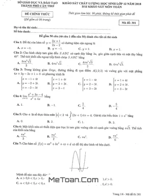 Đề KSCL Toán 12 năm 2018 sở GD&ĐT Cần Thơ [Mã đề 301] có đáp án