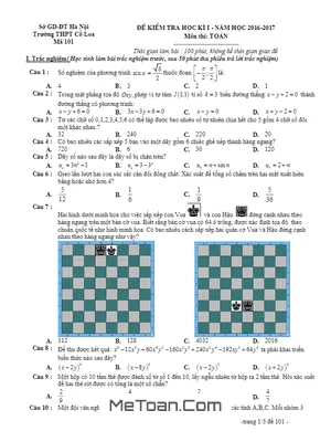 Đề thi HK1 Toán 11 năm 2016 - 2017 trường THPT Cổ Loa - Hà Nội - Hay nhất