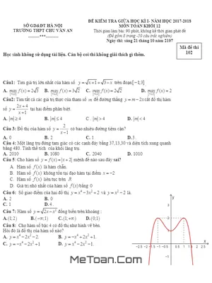Đề thi giữa kì 1 Toán 12 năm 2017-2018 trường THPT Chu Văn An - Hà Nội - Có đáp án