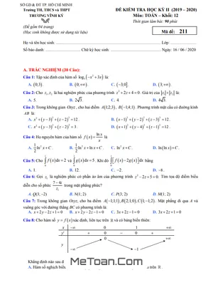 Đề thi học kì 2 Toán 12 năm 2019 - 2020 trường Trương Vĩnh Ký - TP HCM