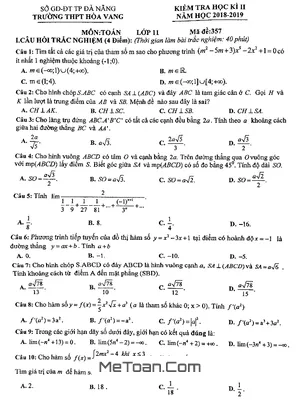 Đề thi học kì 2 Toán 11 năm 2018 - 2019 trường THPT Hòa Vang - Đà Nẵng (có đáp án)