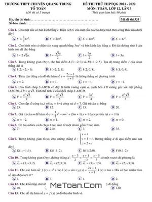 Đề thi thử Toán THPTQG 2022 lần 3 trường chuyên Quang Trung – Bình Phước