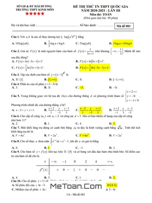 Đề thi thử Toán TN THPTQG 2021 lần 3 trường THPT Kinh Môn – Hải Dương