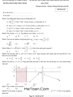 Đề thi thử THPT Quốc gia môn Toán 2019 trường THPT Thực Hành – TP HCM