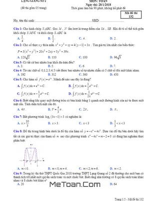 Đề Thi Thử Toán 2018 THPT Quốc Gia Trường THPT Lạng Giang - Bắc Giang (Có Đáp Án)