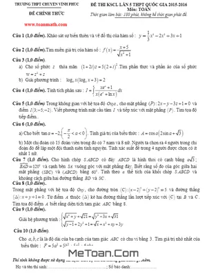Đề thi thử THPT Quốc gia 2016 môn Toán - Chuyên Vĩnh Phúc lần 5 - Câu hỏi & đáp án