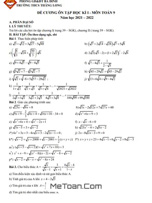 Đề Cương Ôn Tập Học Kì 1 Toán 9 Năm 2021 - 2022 Trường THCS Thăng Long - Hà Nội
