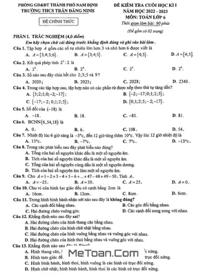 Đề thi học kì 1 Toán lớp 6 năm 2022 - 2023 trường THCS Trần Đăng Ninh - Nam Định