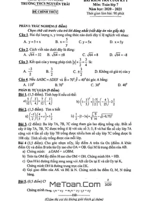 Đề thi HK1 Toán 7 năm 2020 - 2021 trường THCS Nguyễn Trãi - Hà Nội