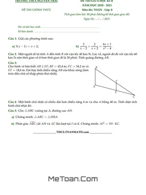 Đề thi giữa kì 2 Toán 8 năm 2020 - 2021 trường THCS Nguyễn Trãi - TP HCM