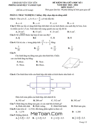 Đề thi giữa học kì 1 Toán 7 năm 2023 - 2024 phòng GD&ĐT Tân Yên - Bắc Giang
