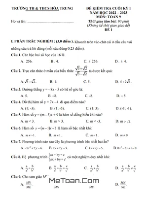 Đề Thi Cuối Kì 1 Toán 9 Năm 2022 - 2023 Trường TH&THCS Hóa Trung - Thái Nguyên