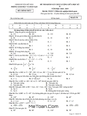 Đề thi giữa kỳ 2 Toán 7 năm 2018 - 2019 phòng GD&ĐT Mỹ Hào - Hưng Yên