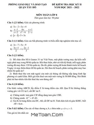 Đề Thi Học Kỳ 2 Môn Toán Lớp 8 Năm 2021 - 2022 Phòng GD&ĐT Tây Hồ - Hà Nội