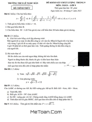 Đề khảo sát Toán 9 tháng 9 năm 2021 trường THCS Lê Ngọc Hân – Hà Nội
