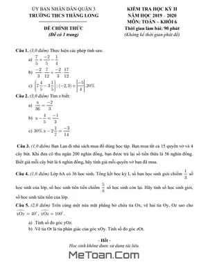 Đề thi HK2 Toán lớp 6 năm 2019 - 2020 trường THCS Thăng Long - TP.HCM (Có đáp án)