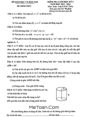 Đề thi học kì 2 môn Toán lớp 9 năm 2023 - 2024 sở GD&ĐT Bình Dương