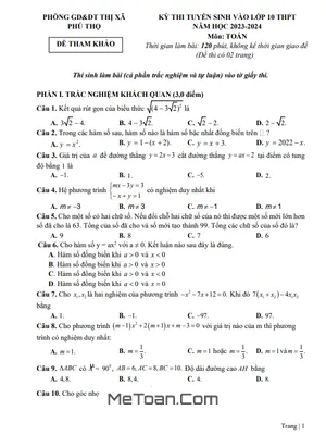 Đề tham khảo Toán thi vào lớp 10 năm 2023 - 2024 phòng GD&ĐT thị xã Phú Thọ