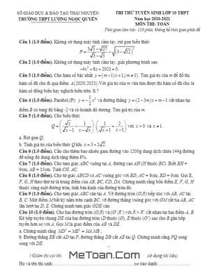 Đề thi thử vào lớp 10 môn Toán năm 2020 - 2021 trường THPT Lương Ngọc Quyến - Thái Nguyên