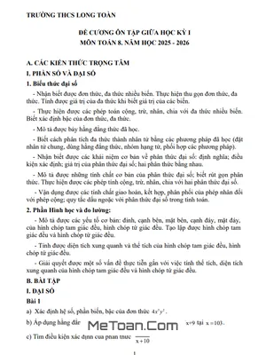 Đề Cương Ôn Tập Giữa Kì 1 Toán 8 Năm Học 2025-2026 THCS Long Toàn (Bà Rịa – Vũng Tàu)