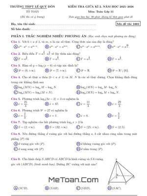 Đề Giữa Kỳ 2 Toán 11 Năm 2025-2026 THPT Lê Quý Đôn Quảng Ngãi Có Đáp Án