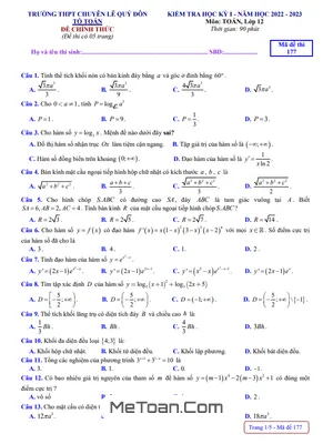 Đề thi học kỳ 1 Toán 12 năm 2022 – 2023 trường THPT chuyên Lê Quý Đôn – BRVT