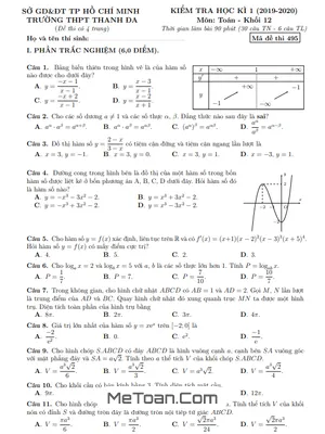 Đề thi học kì 1 Toán 12 năm 2019 - 2020 trường THPT Thanh Đa - TP.HCM (có lời giải)