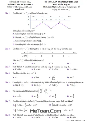 Đề KSCL Toán 12 Lần 4 Năm 2020 - 2021 Trường THPT Triệu Sơn 4 - Thanh Hóa