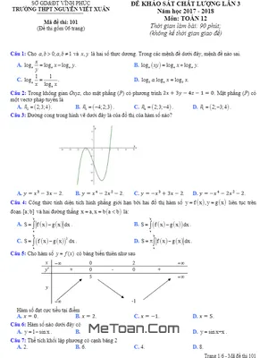 Đề KSCL Toán 12 năm 2017 - 2018 trường Nguyễn Viết Xuân - Vĩnh Phúc lần 3 mã đề 101
