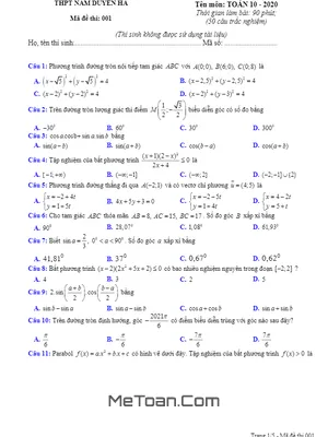 Đề thi HK2 Toán 10 năm 2019 - 2020 trường THPT Nam Duyên Hà - Thái Bình