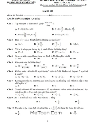 Đề kiểm tra cuối kì 1 Toán 11 năm 2021 - 2022 trường THPT Nguyễn Trân - Bình Định